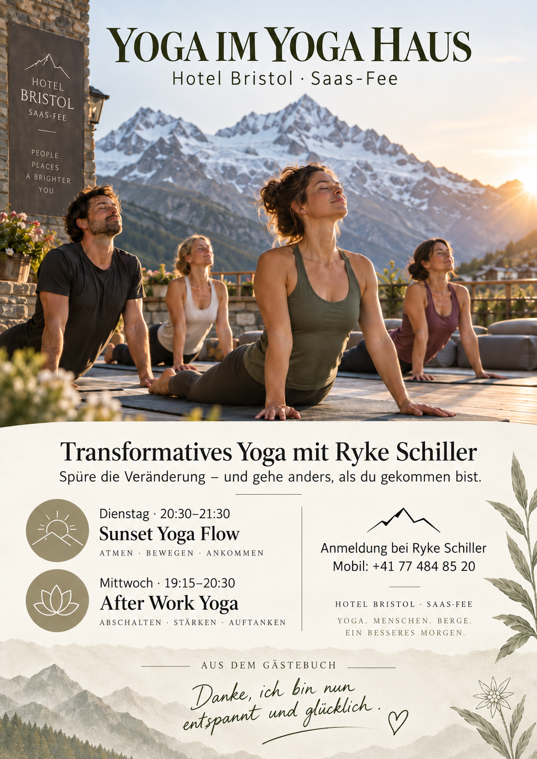 Deutsche Einladung zu Yoga mit Ryke im Yoga House Saas-Fee.