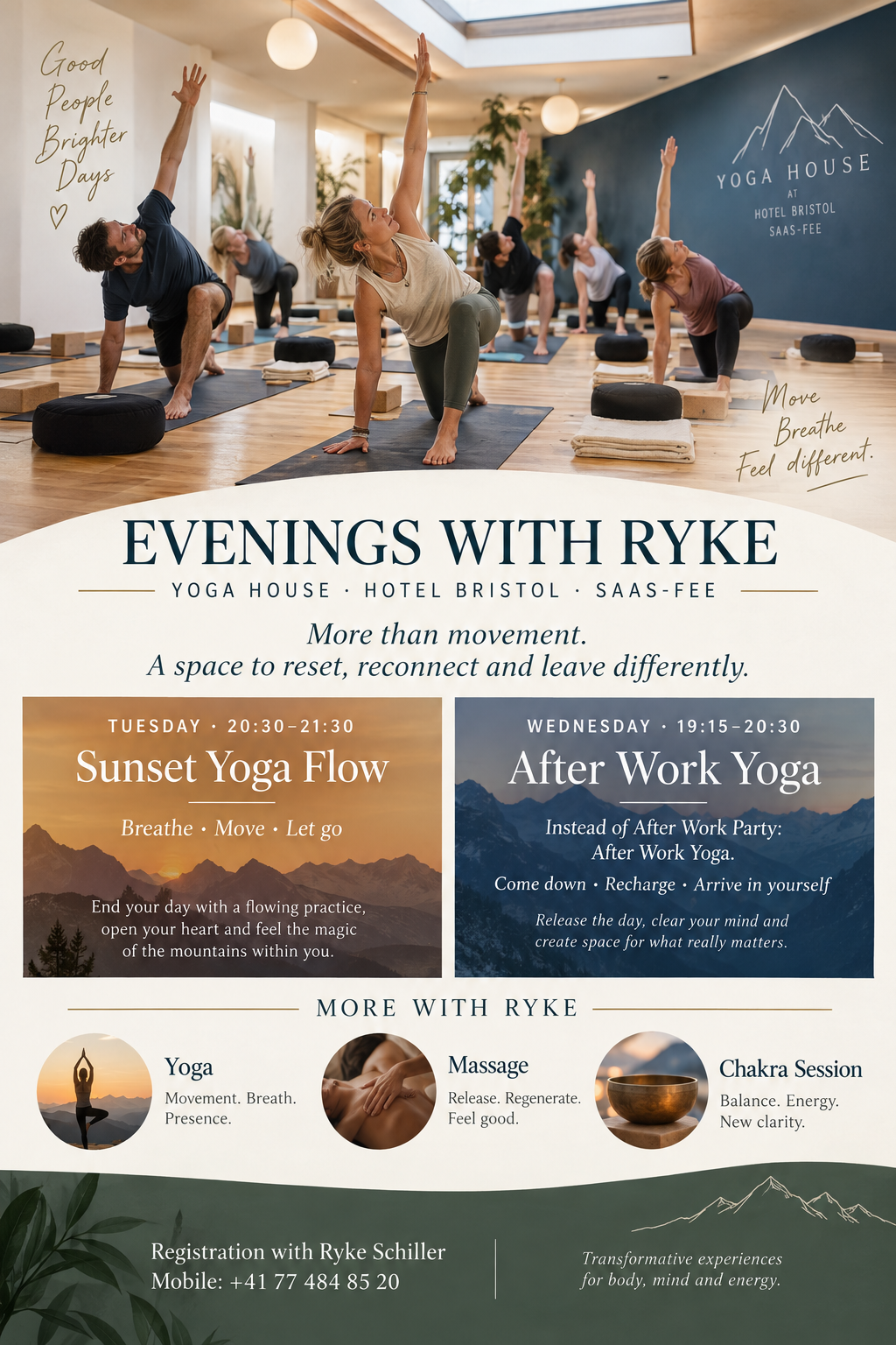 English invitation to Evenings with Ryke at Yoga House Saas-Fee.